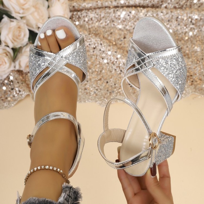 Ankle Strap Attachment - Damen Blockabsatz-Sandalen Gold Glitzernde Kreuzriemen Knöchelriemen