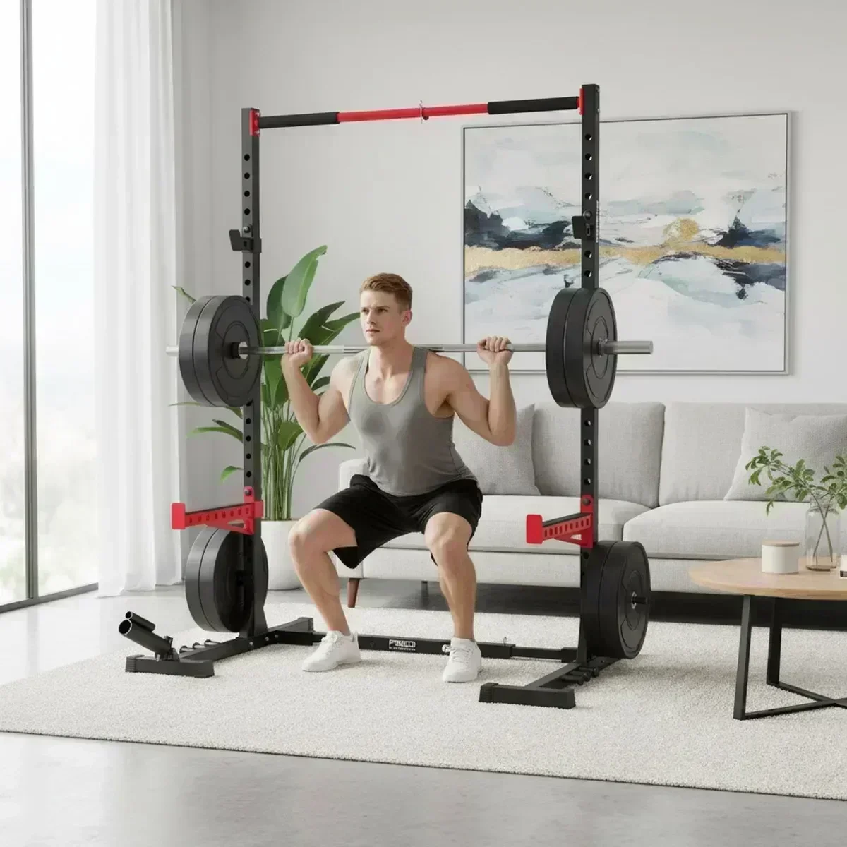 Home Gym Power Rack - Verstellbares Home-Gym-Kniebeugengestell mit Klimmzugstange, Hochleistungs-Stahl-Hantelkäfig für